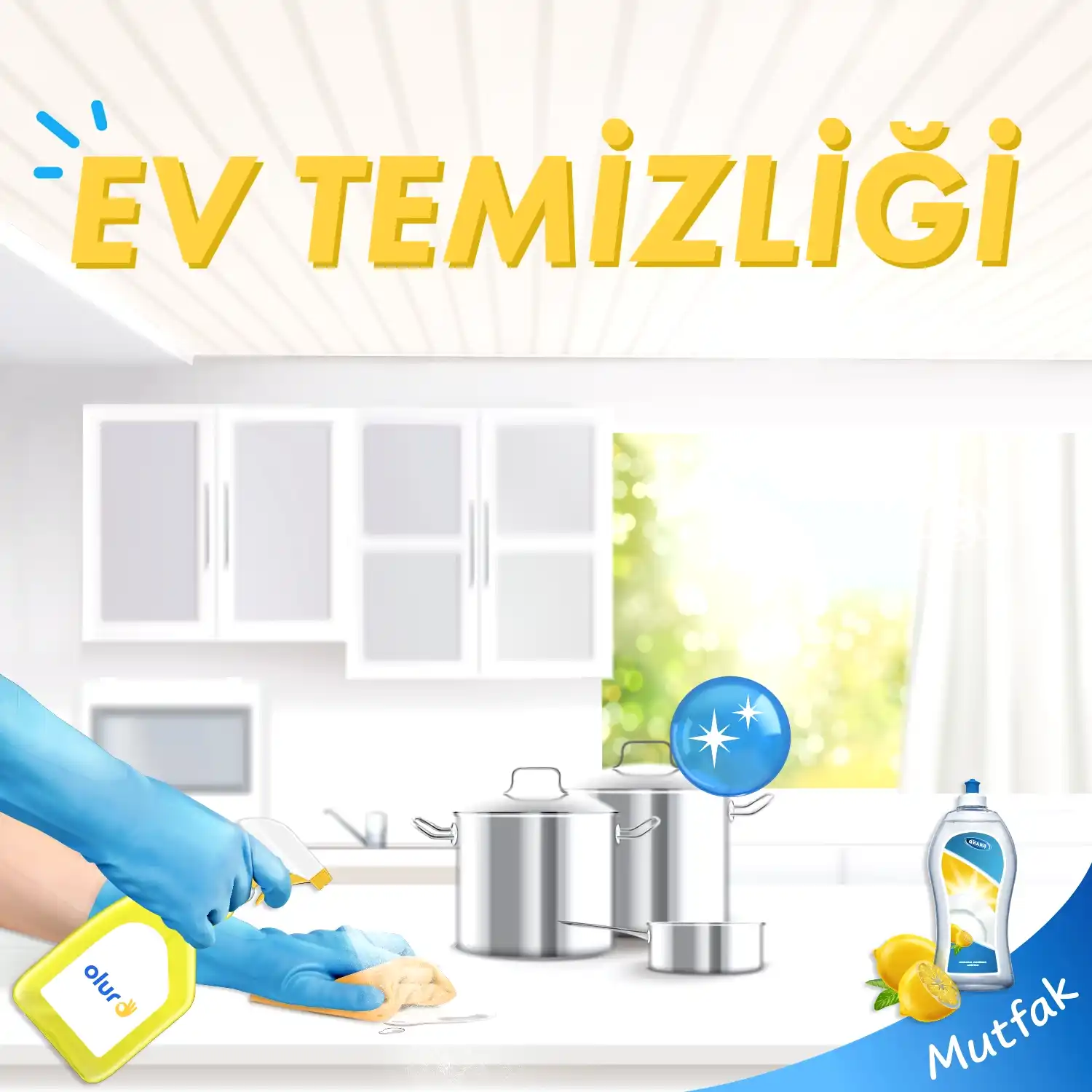 Ev temizliği yapılırken mutfaktaki fırın, dolap vb. mikrofiber bez ve temizleyici sprey ile siliniyor